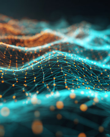 Abstract wave grid with glowing blue and orange particle connections, futuristic scientific backgroundの素材