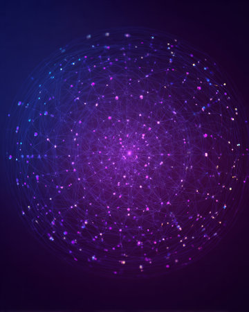 Glowing abstract sphere with purple and blue digital network connections, futuristic technology backgroundの素材