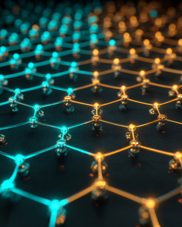 Abstract molecular grid with glowing blue and orange connections, futuristic scientific backgroundの素材