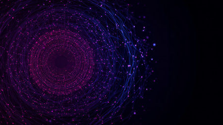 Abstract vortex of glowing purple and blue digital connections, futuristic technology backgroundの素材