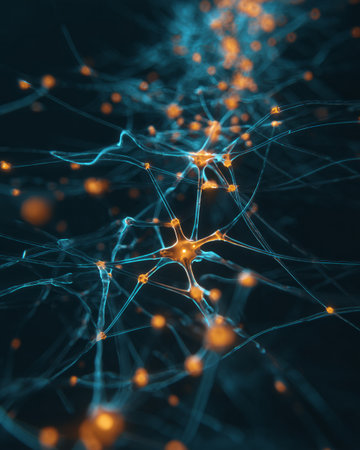 Glowing neural network with blue and orange nerve cells, abstract scientific backgroundの素材