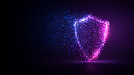 Neon digital shield with blue and pink particles on dark futuristic backgroundの素材