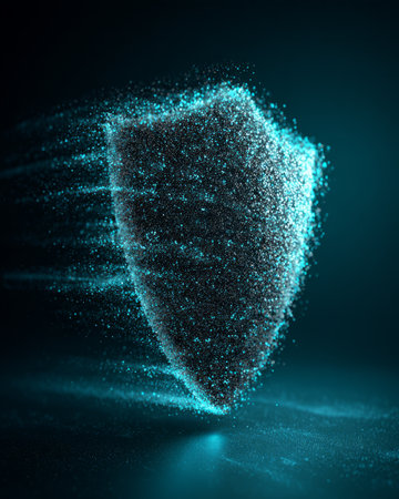 Digital shield made of turquoise particles in motion, abstract cyber security backgroundの素材