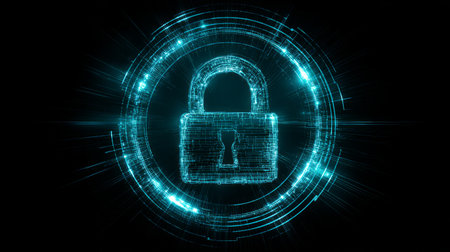 Digital glowing padlock with circular rays and turquoise cyber security design on dark backgroundの素材