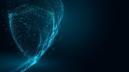 Futuristic turquoise particle shield with flowing digital motion on dark backgroundの素材