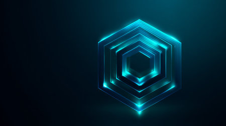 Glowing turquoise hexagon layers in 3d, futuristic digital security symbol on dark backgroundの素材