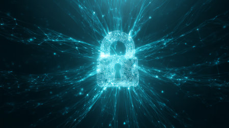 Glowing digital padlock with circuit board design and network connections, turquoise cyber security conceptの素材