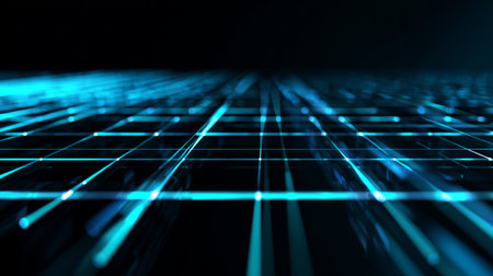 Glowing turquoise digital grid with perspective depth, futuristic firewall backgroundの素材