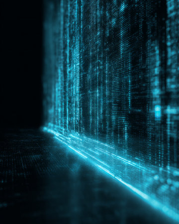 Futuristic digital firewall wall with glowing turquoise data streams on dark backgroundの素材