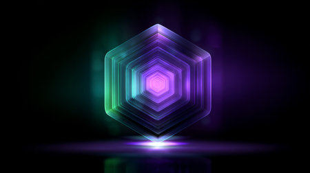 3d hexagon shield with violet and green glowing light, futuristic digital security symbolの素材