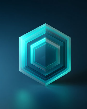 Futuristic hexagon shield in turquoise gradient, 3d geometric security symbol on dark backgroundの素材