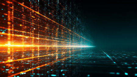 Digital data streams with orange and cyan glowing lines, futuristic firewall network backgroundの素材