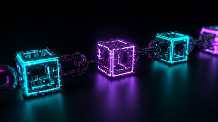 Glowing blockchain cubes in neon blue and purple digital chainの素材