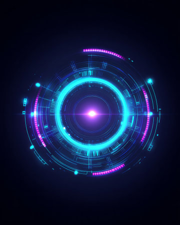 Futuristic scanning hud with glowing blue rings and violet core lightの素材