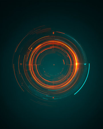 Futuristic hud target interface with glowing orange and cyan circular elementsの素材