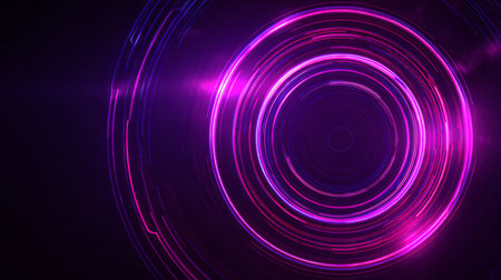 Futuristic interface circle with glowing pink neon rings on dark backgroundの素材