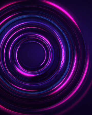 Abstract glowing magenta circular waves with neon energy rings on dark backgroundの素材