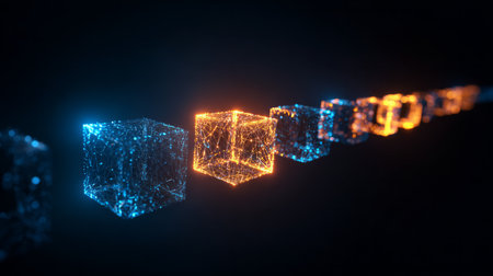 Blockchain chain with glowing orange and blue network data cubes on dark backgroundの素材