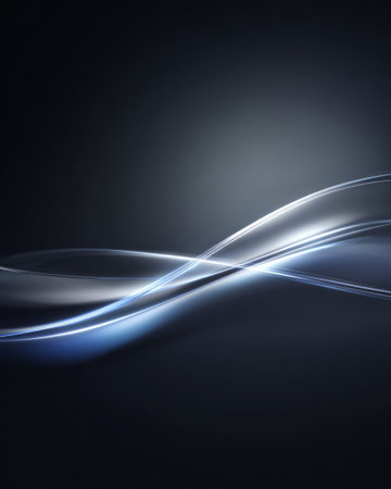 Dark abstract background with glowing silver blue wave lines, futuristic minimal light designの素材