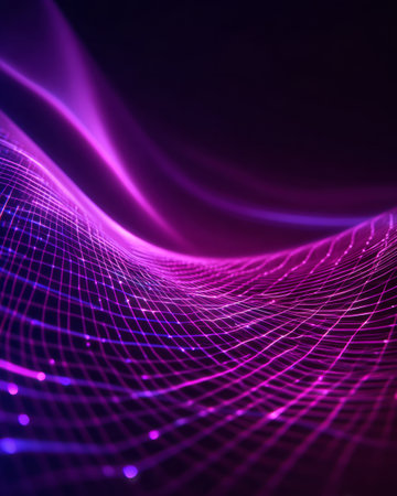 Futuristic neon pink and violet glowing grid wave on dark backgroundの素材