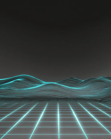 Futuristic glowing cyan grid and wireframe landscape on dark backgroundの素材