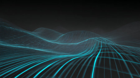 Futuristic glowing cyan wireframe waves on dark background with digital grid linesの素材