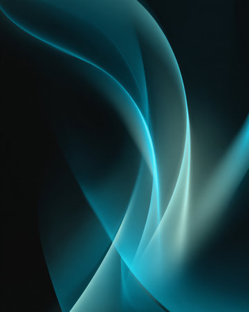 Abstract blue and turquoise light waves with smooth curves on dark backgroundの素材