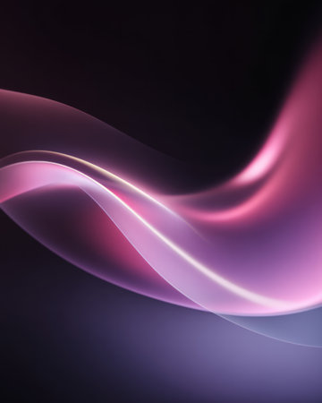 Smooth pink and violet flowing light waves on dark gradient backgroundの素材