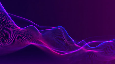 Neon violet and pink glowing digital wave of particles on dark backgroundの素材