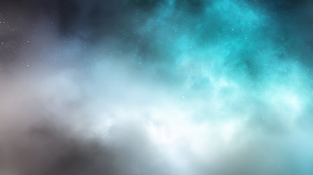Bright turquoise and white cosmic fog with glowing particles on dark backgroundの素材