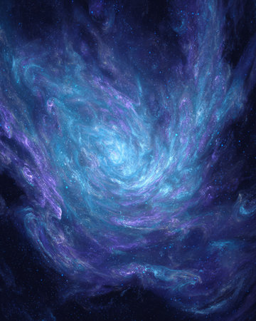 Blue and violet cosmic spiral with glowing nebula clouds in deep starry spaceの素材