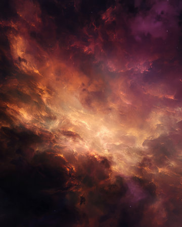 Glowing cosmic nebula clouds in fiery orange and purple tones with dramatic deep space backgroundの素材