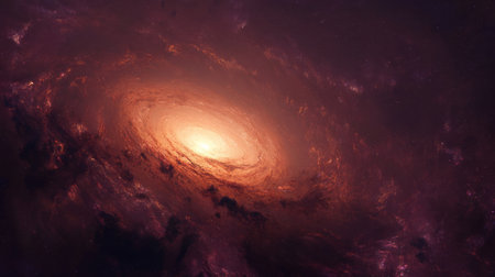 Fiery red spiral galaxy with glowing bright core in deep space nebulaの素材