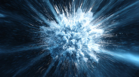 Powerful blue explosion of glowing particles and motion streaks on dark backgroundの素材
