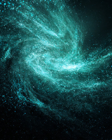 Glowing turquoise particle galaxy swirl with abstract cosmic dust in dark spaceの素材