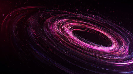 Abstract pink and purple particle ring galaxy swirl with glowing cosmic motion in dark spaceの素材