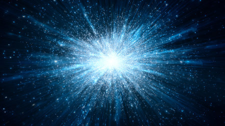 Blue cosmic starburst with glowing particles and radiant energy explosion in deep spaceの素材