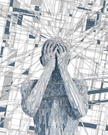 Abstract figure holding head in hands, geometric stress lines symbolizing anxiety and mental health crisisの素材