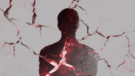 Cracked silhouette of a human back with red glowing fractures on white background, abstract mental health conceptの素材