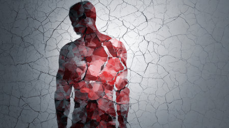 Abstract silhouette of a fractured red human figure on cracked gray wall background, symbolizing mental health and emotional struggleの素材