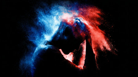 Side profile of man with exploding blue and red powder head, emotional concept of stress, conflict and mental healthの素材