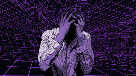 Abstract illustration of a stressed person holding head in hands, purple grid background symbolizing anxiety, depression and mental health struggleの素材