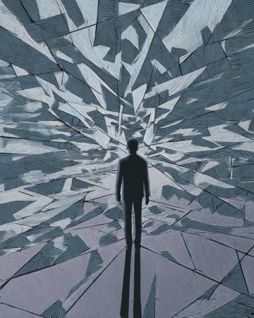 Silhouette of man facing shattered glass wall, abstract mental health concept of fear and uncertaintyの素材