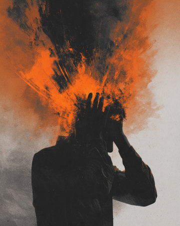 Silhouette of man with head exploding in orange and black paint, concept of burnout and mental breakdownの素材