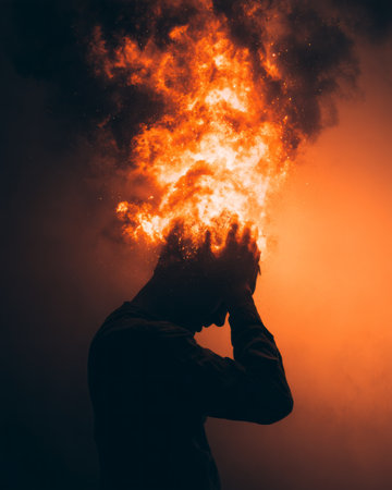 Silhouette of man holding head with fiery explosion, concept of stress, burnout and emotional overloadの素材