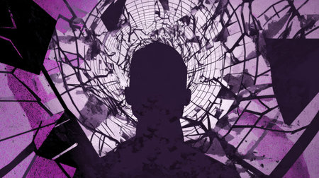 Silhouette of a person with shattered head effect, purple abstract background symbolizing mental health crisis and emotional breakdownの素材