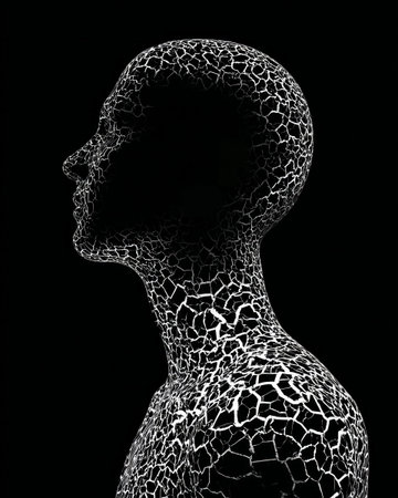 Profile of abstract human silhouette with cracked surface texture in black and white on dark backgroundの素材