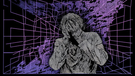 Abstract illustration of a distressed person covering face with hands, purple lines and dark background symbolizing anxiety and mental health crisisの素材