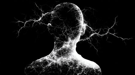 Abstract human silhouette with glowing electric veins and lightning effect symbolizing mental energy and stressの素材