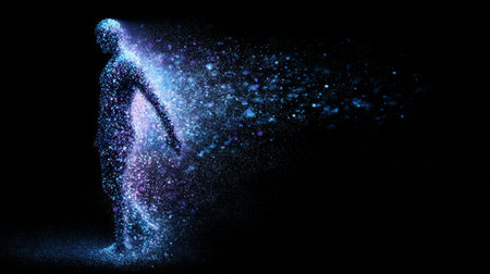 Abstract human silhouette dissolving into blue and purple particles, dark background, digital art for mental health conceptsの素材